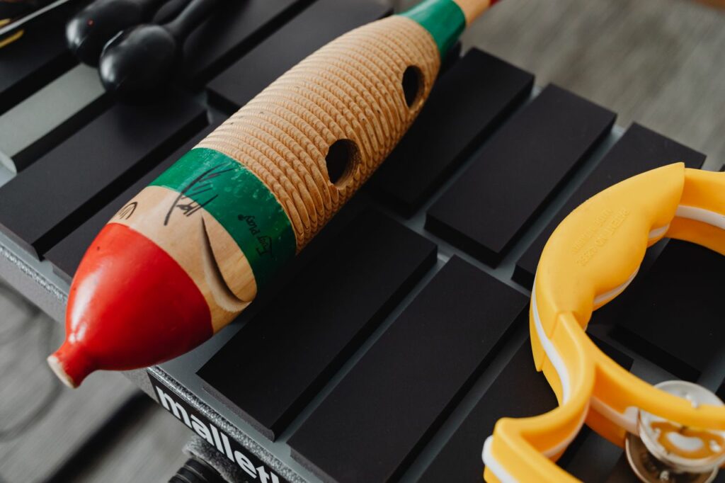 Detailed close-up of vibrant percussion instruments on a MalletKAT pad.